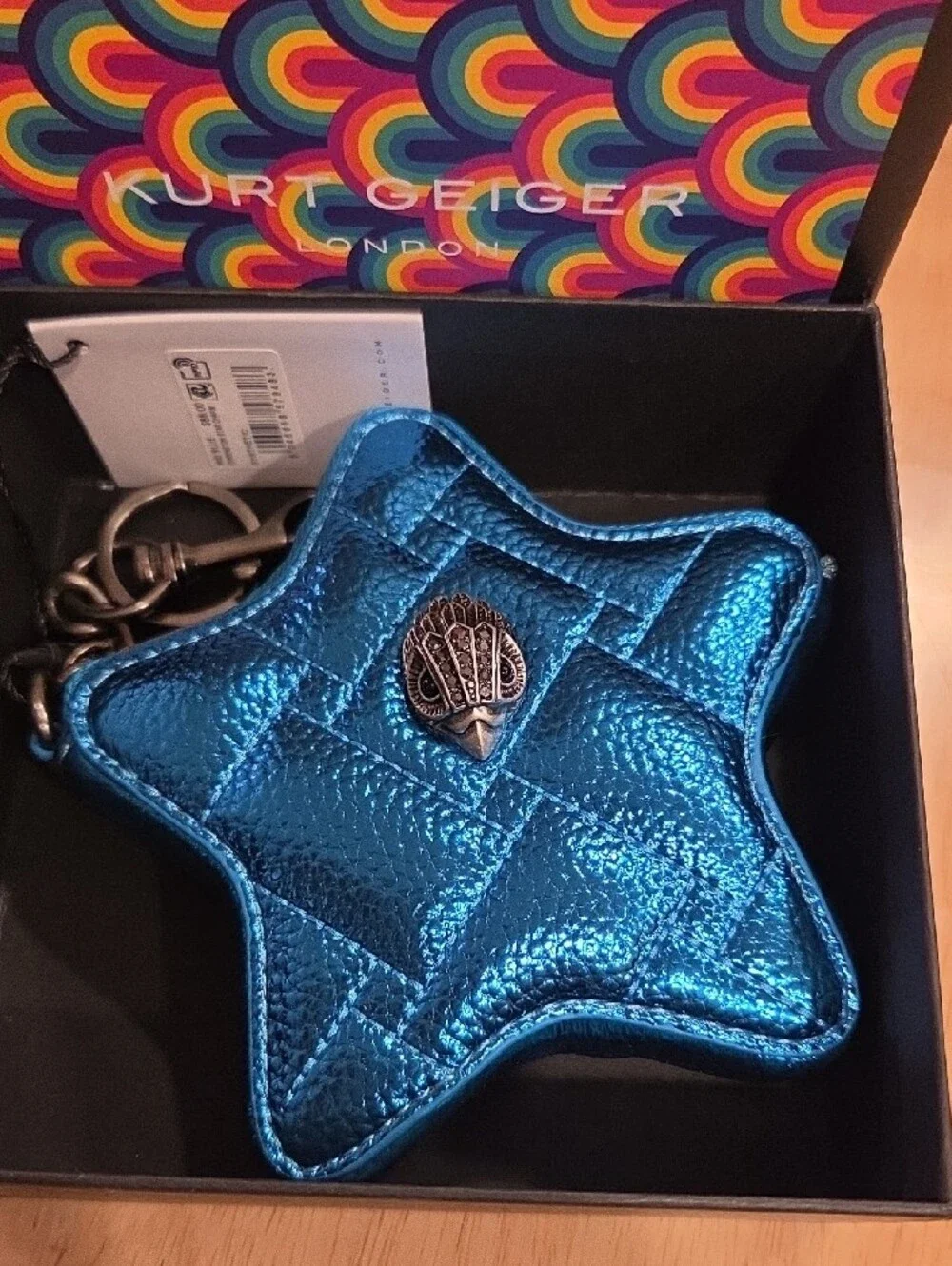 Kurt Geiger Metallic Teal Blue Quilted Star Keyring